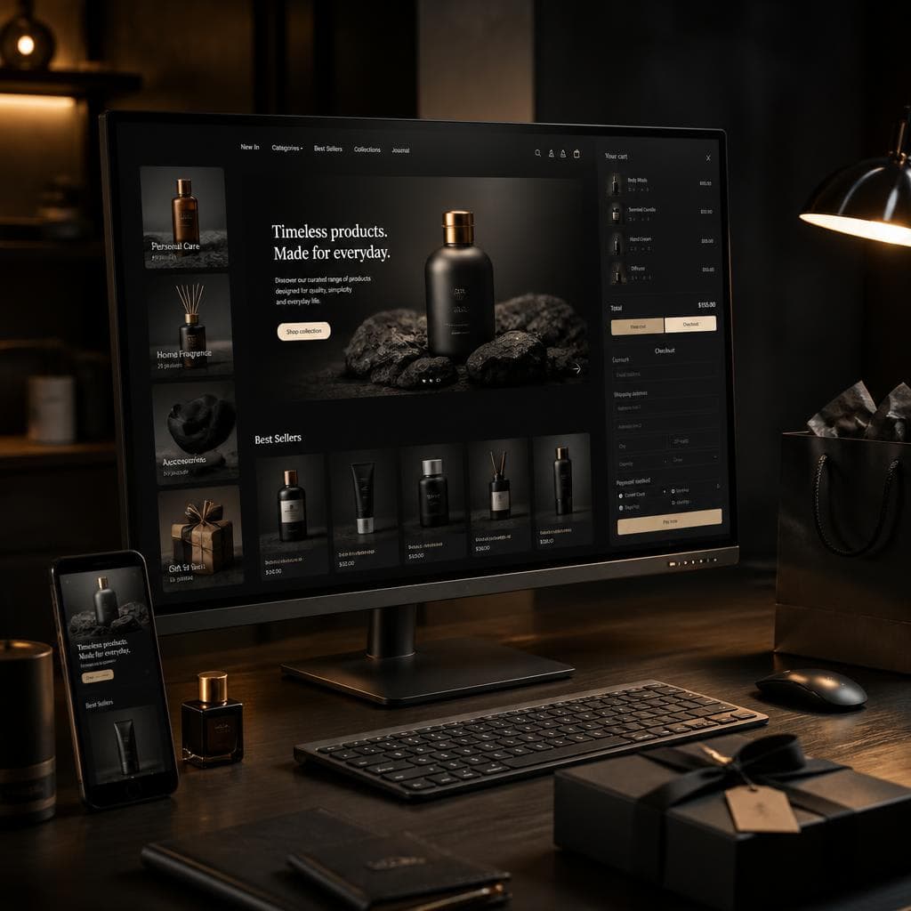Premium e-commerce website interface displayed across desktop and mobile devices