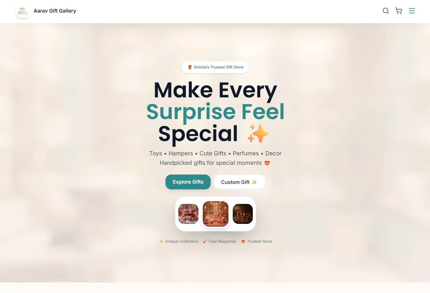 Aarav Gift Gallery e-commerce website homepage showcasing gifts, categories and featured products