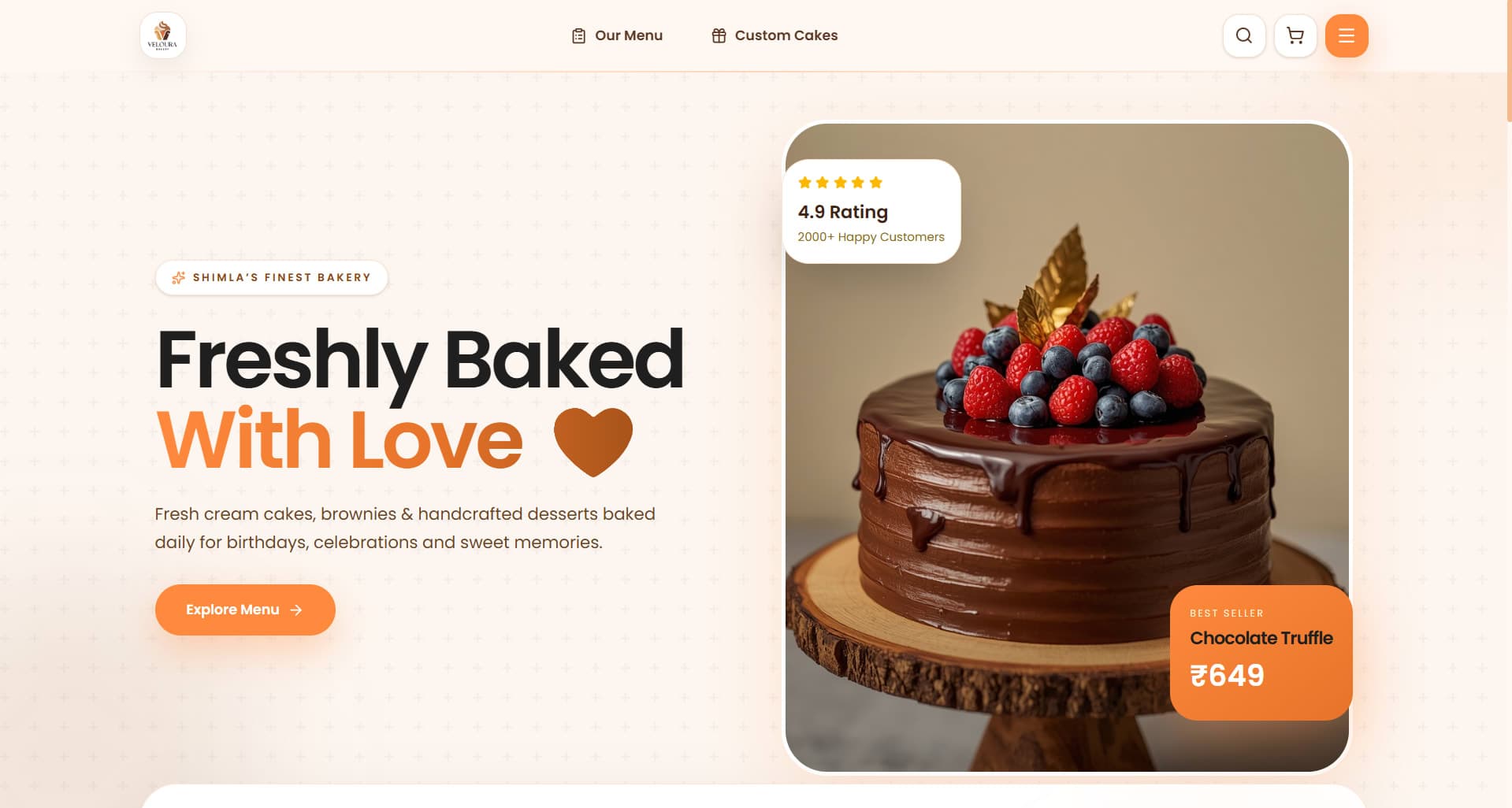 Veloura Bakery e-commerce homepage showcasing bakery products and online shopping experience