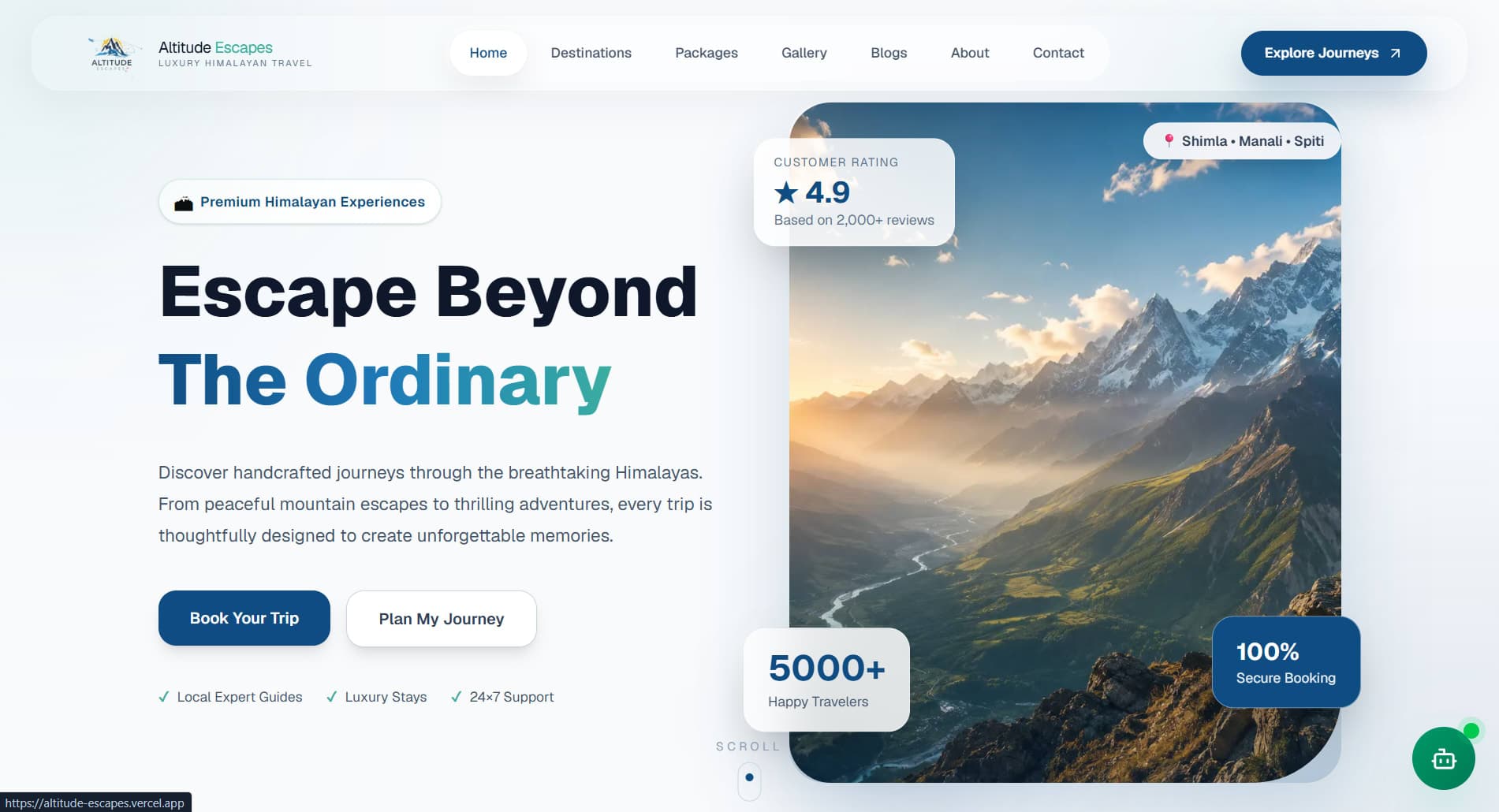 Altitude Escapes premium travel website showcasing Himalayan destinations, travel packages and AI-powered trip planning
